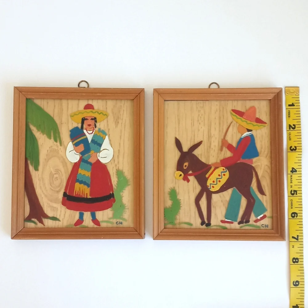 Vintage Folk Art Pair Colorful Mexican Art Mid-Century Framed Wall Art